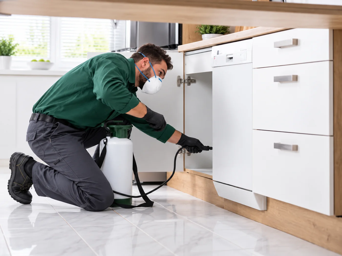 Técnico de controle de pragas com uniforme verde, máscara e luvas em cozinha residencial