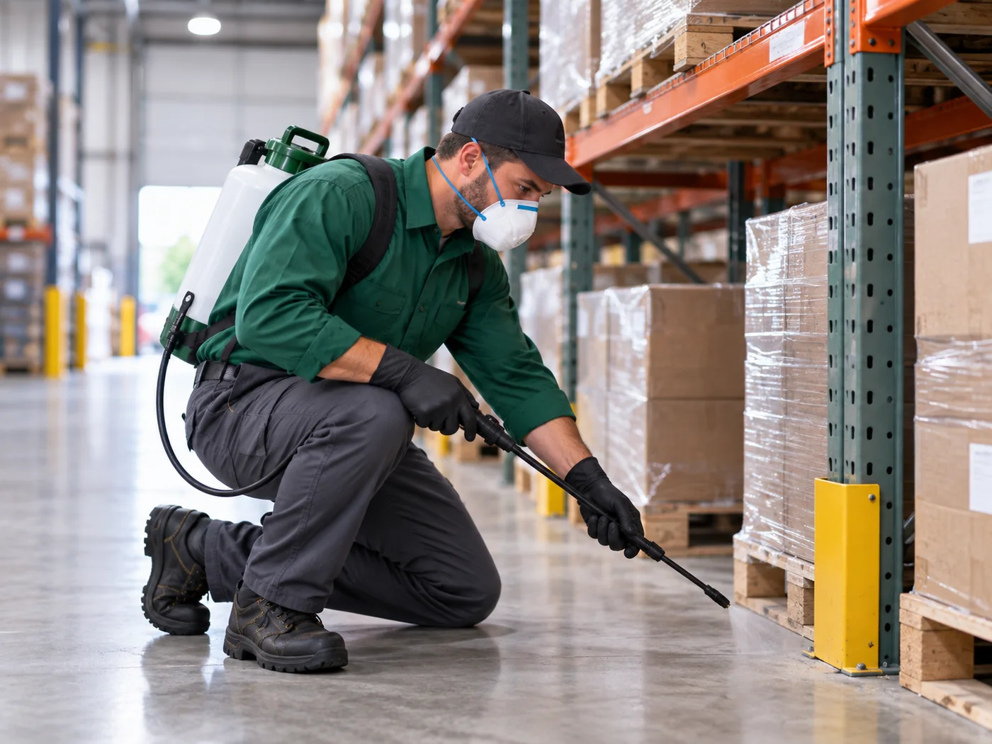 Profissional de controle de pragas em ambiente industrial e estoque