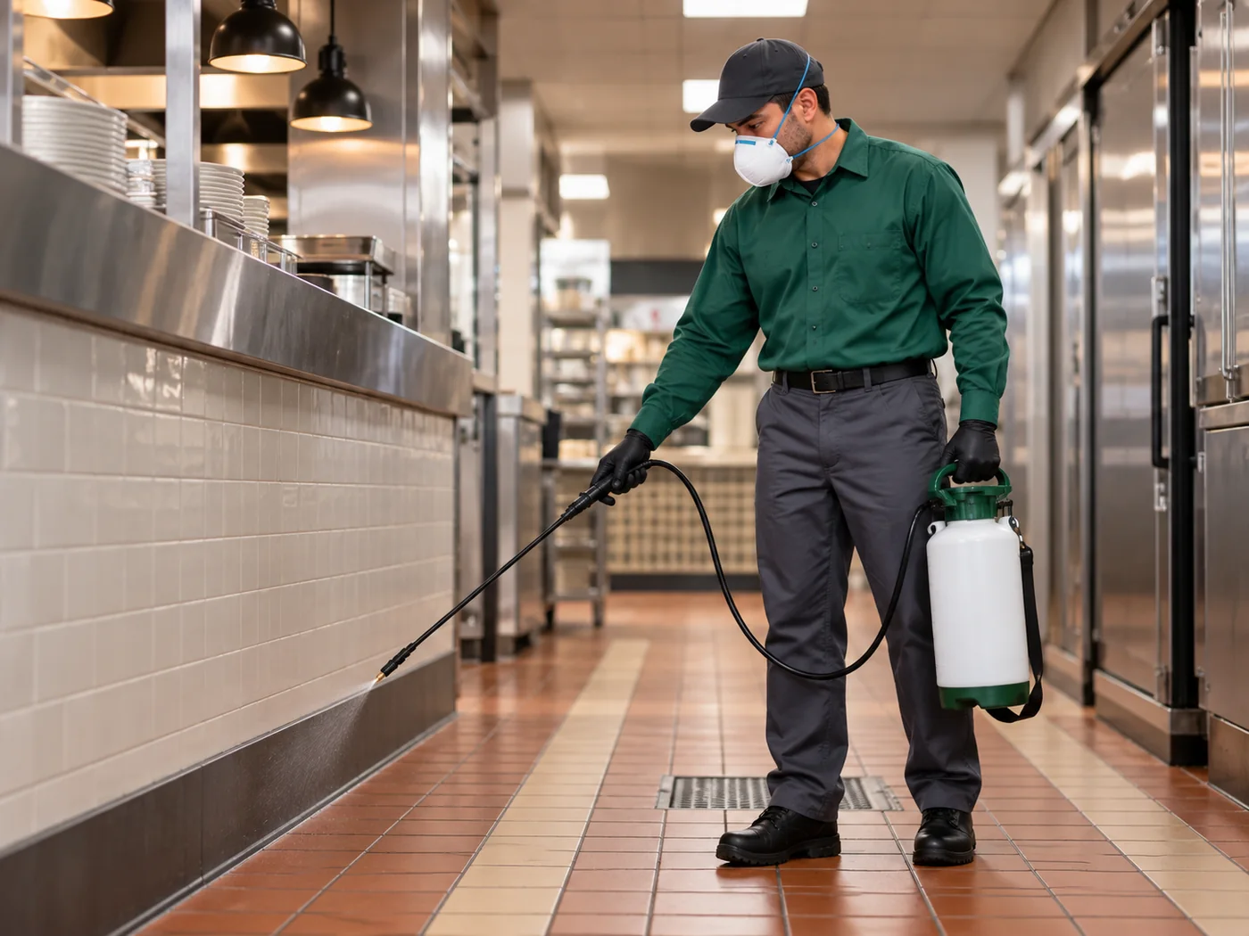 Profissional de controle de pragas com uniforme verde em cozinha de restaurante